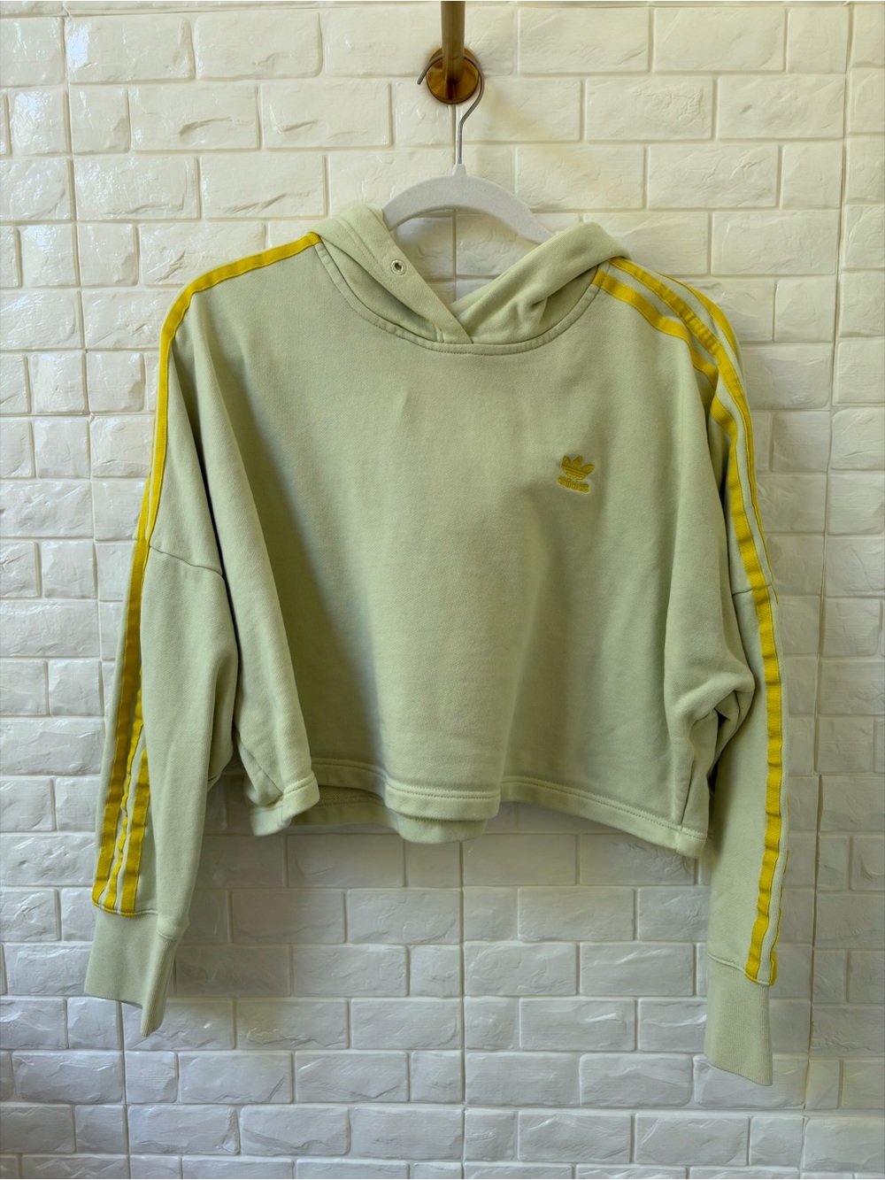 Adidas Cropped Hoodie in Pale Green with Yellow Stripes
